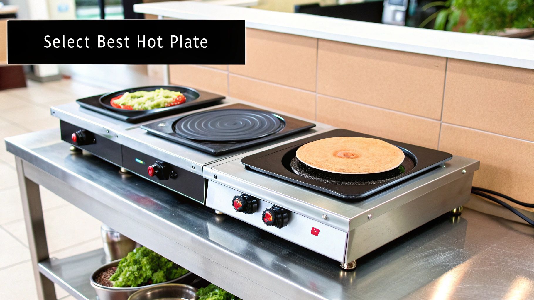A commercial triple hot plate with cooking surfaces, one heating a tortilla, another with food.
