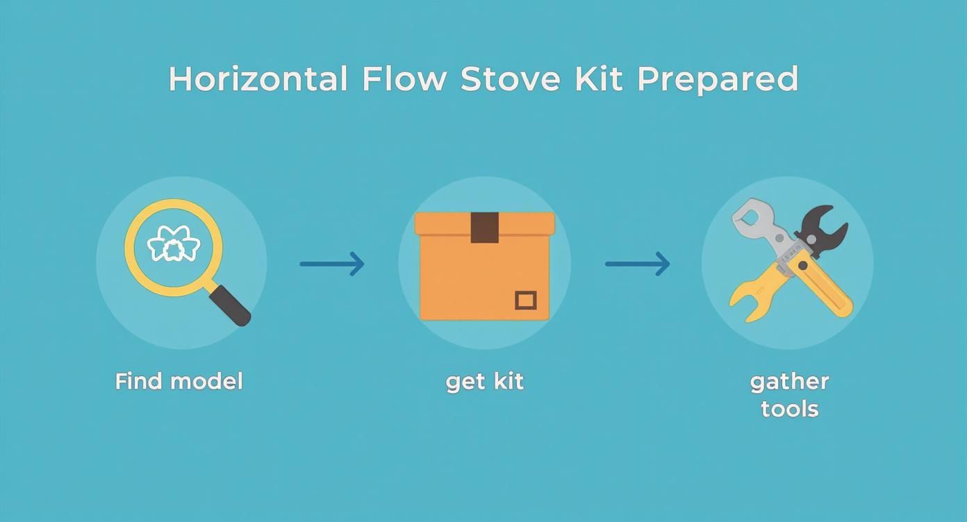 Flowchart illustrating the three steps to prepare a horizontal flow stove kit: find model, get kit, and gather tools.