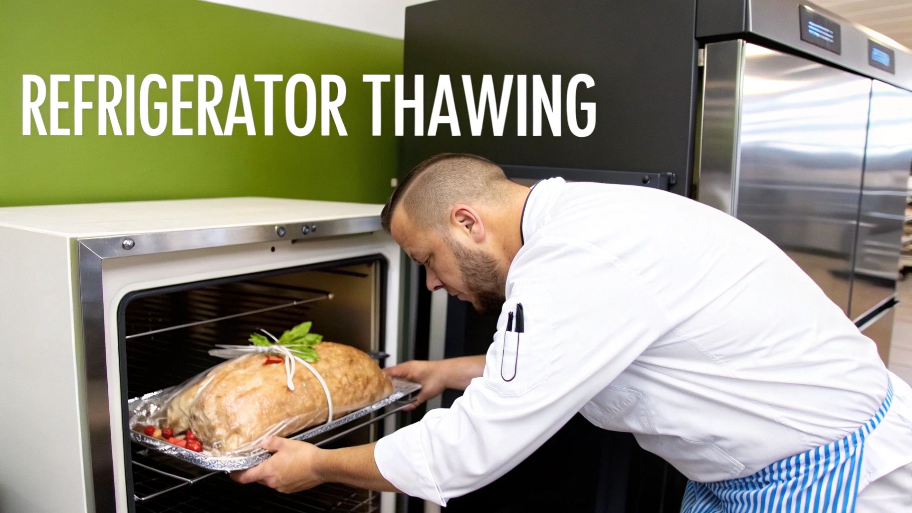 A chef carefully places a large, wrapped roast on a tray into a commercial refrigerator for thawing.