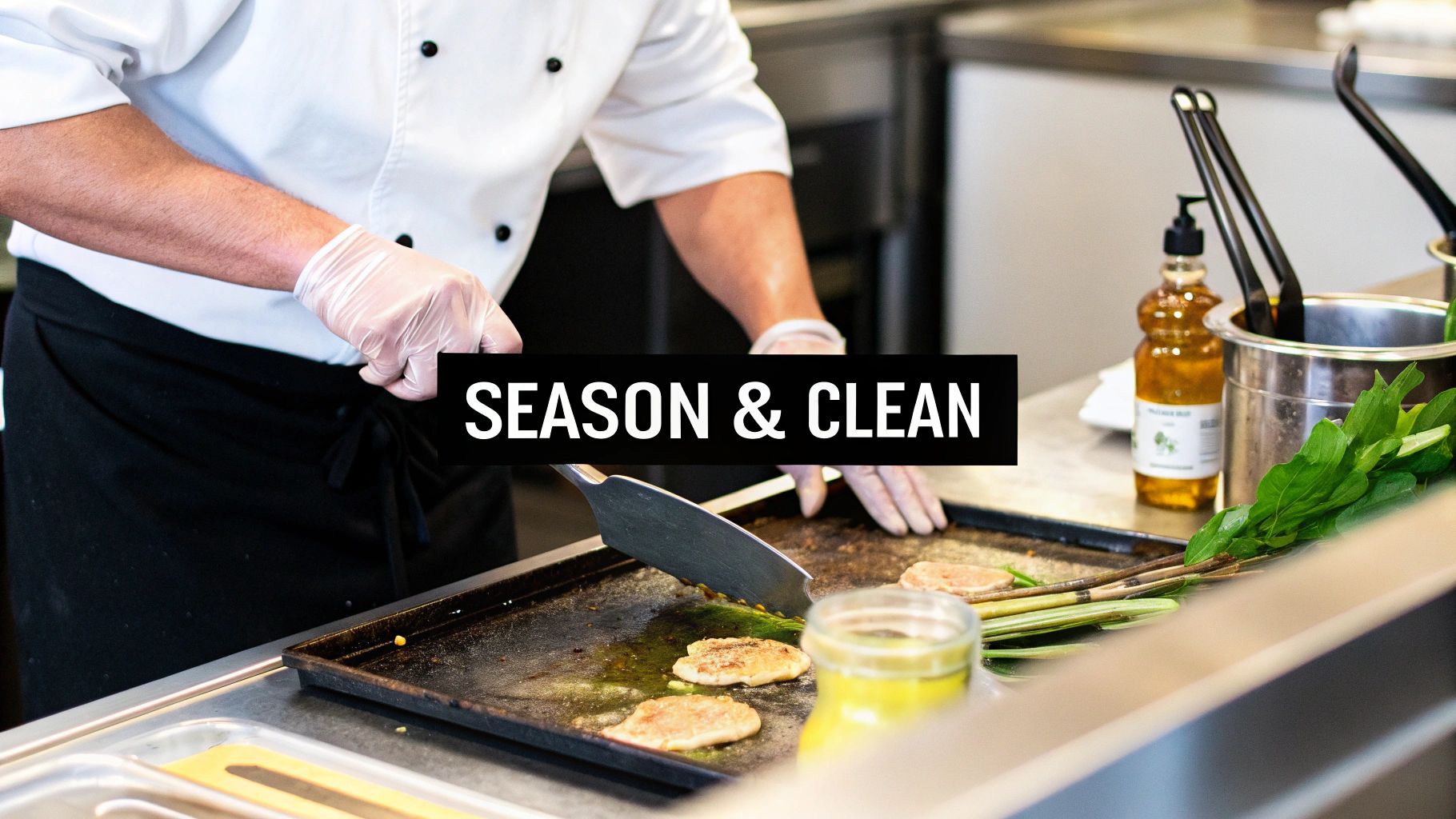 Professional chef in white uniform seasoning and cleaning griddle in commercial kitchen workspace