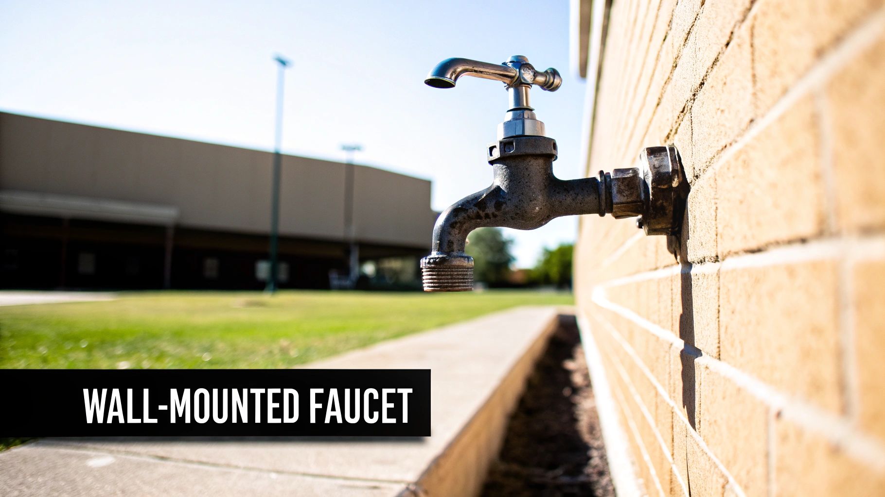 A close-up of a weathered wall-mounted outdoor faucet on a tan brick wall under sunlight.