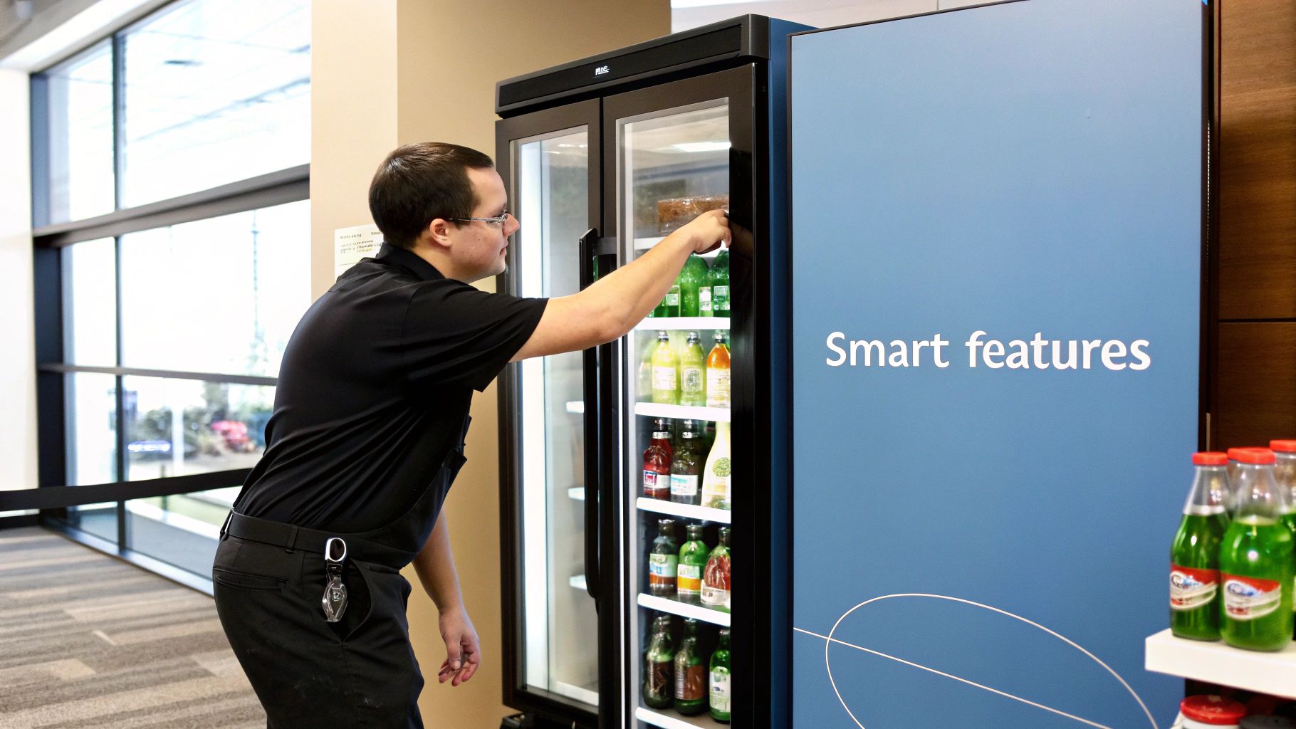 A man in a black shirt is reaching into a glass-door merchandiser refrigerator filled with drinks.