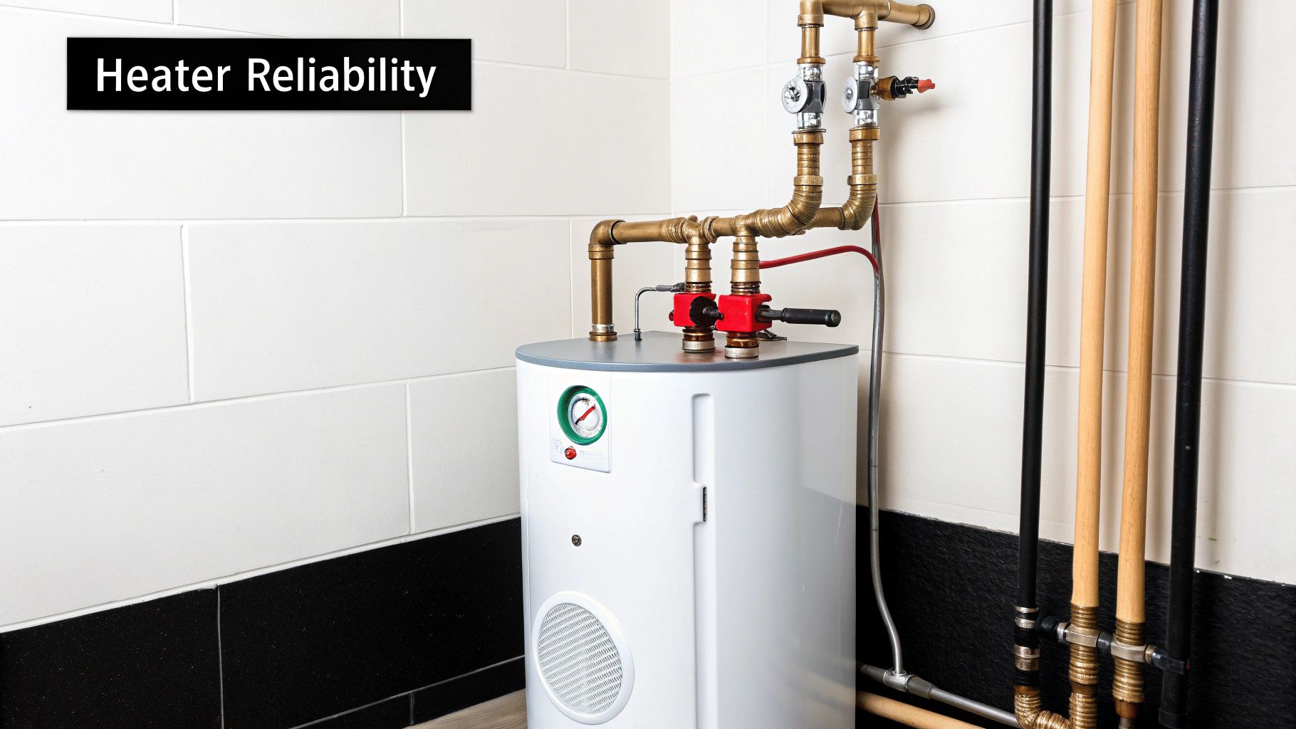A white water heater with brass pipes and gauges in a utility room, promoting heater reliability.