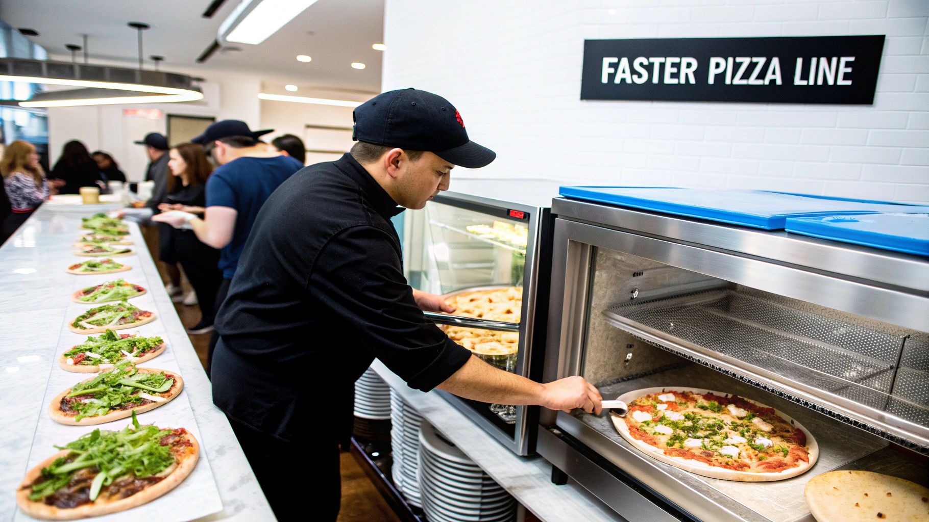 A well-organized pizza prep station with a counter top refrigeration unit holding various fresh toppings.