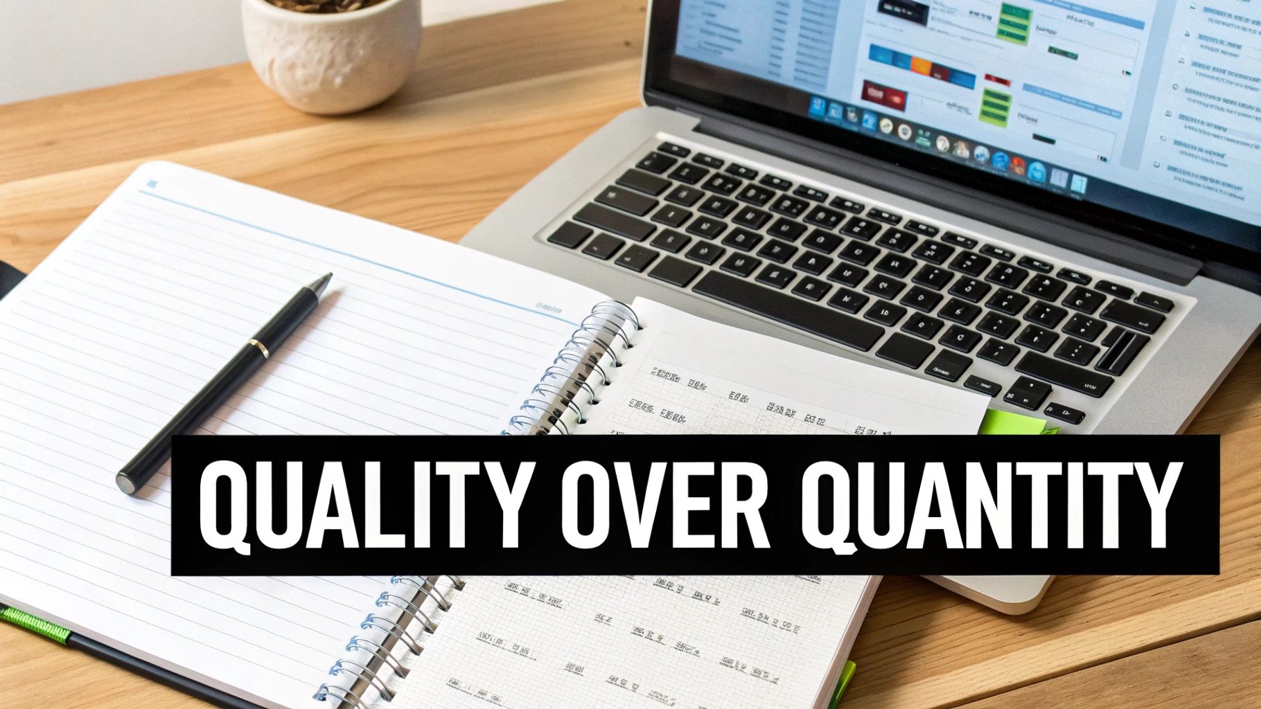 A minimalist desk setup with a laptop, open notebooks, and a pen, displaying 'QUALITY OVER QUANTITY'.