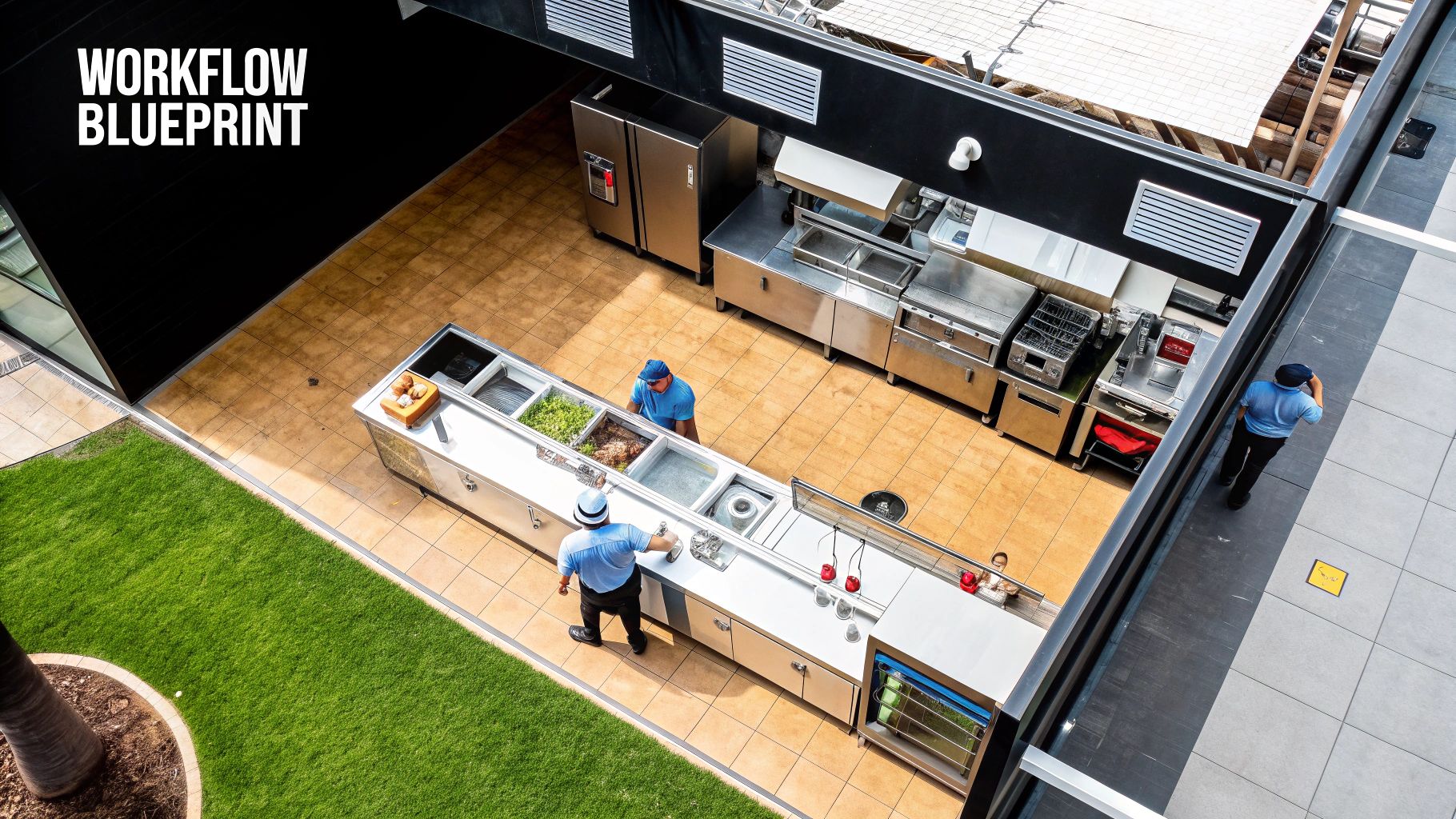 Overhead view of a modern outdoor commercial kitchen with chefs preparing food at a long stainless steel counter, showing workflow.