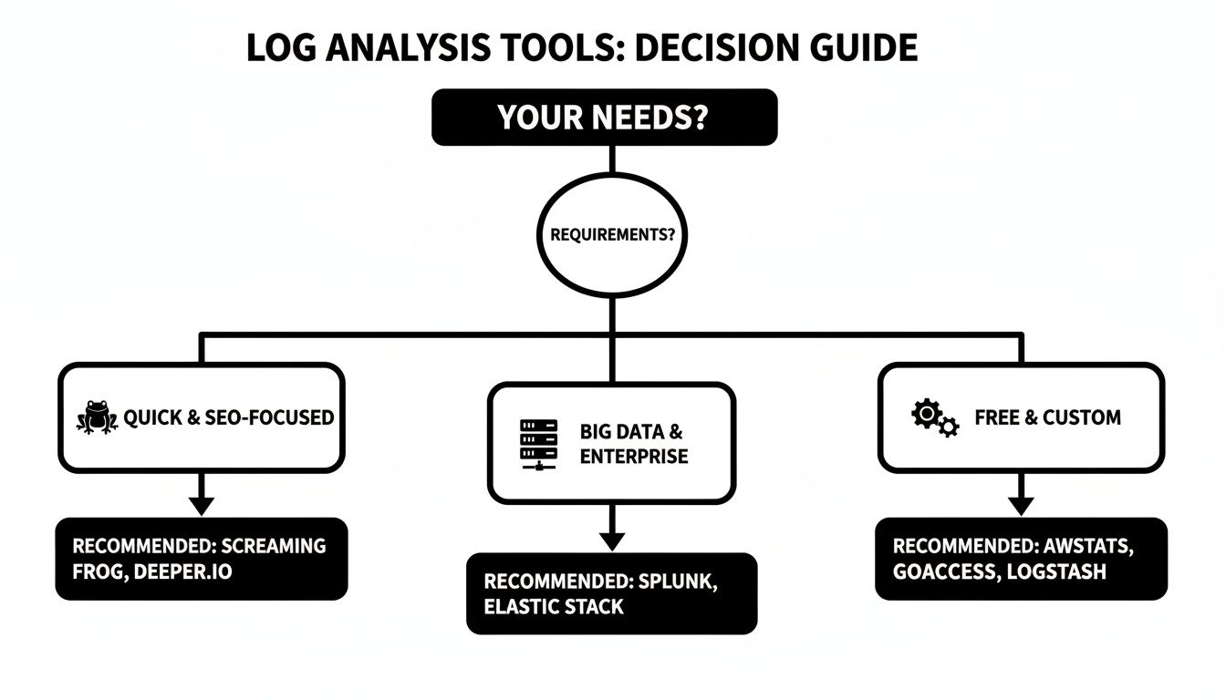 A decision guide flowchart for log analysis tools, categorizing options by quick SEO, big data, and free custom needs.
