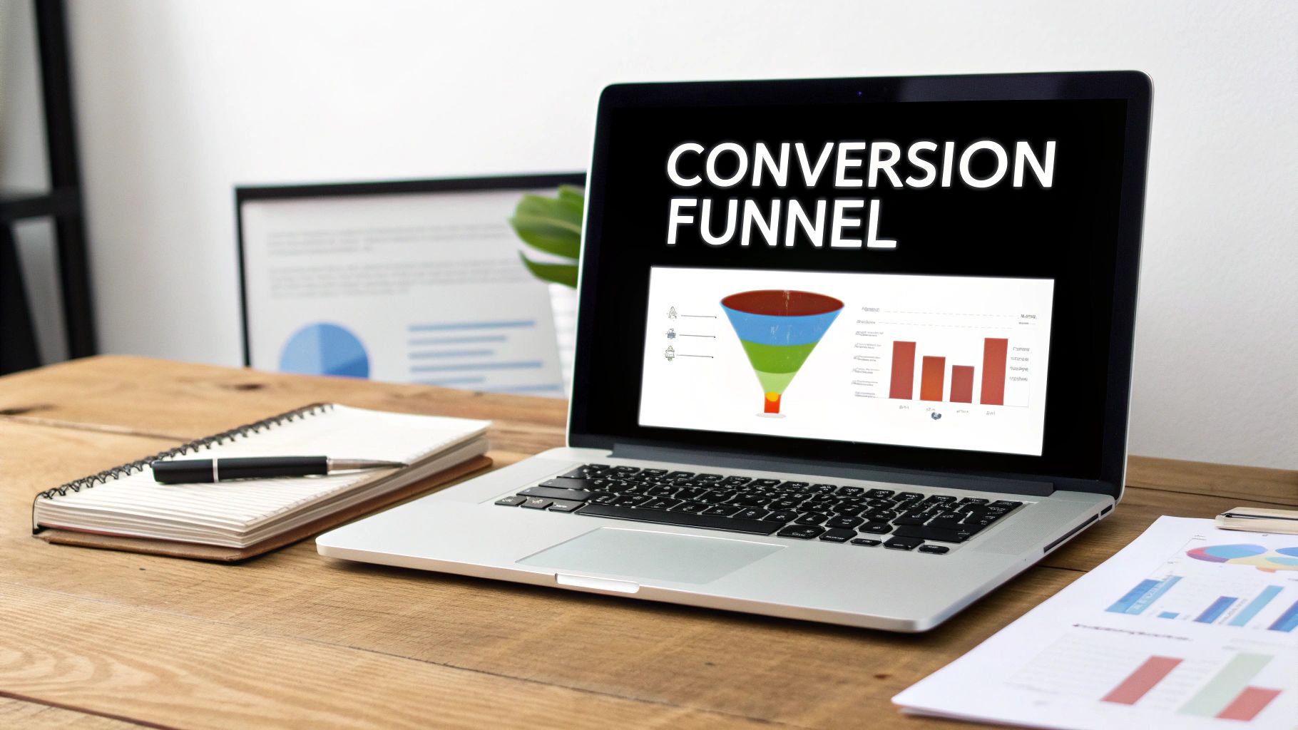 A laptop displays a 'Conversion Funnel' graphic with charts and a diagram on a wooden desk with a notebook and pen.