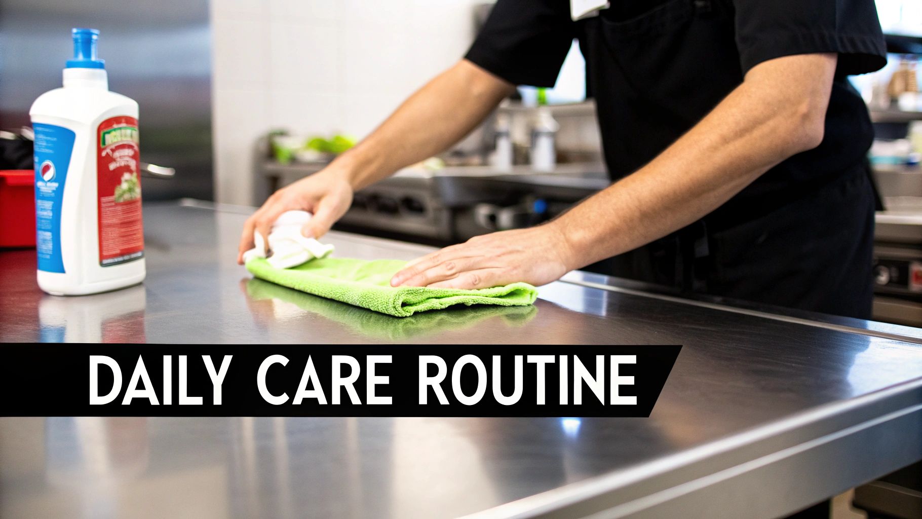 A person in a black uniform cleaning a shiny stainless steel kitchen counter with a green microfiber cloth, next to a bottle of cleaner.