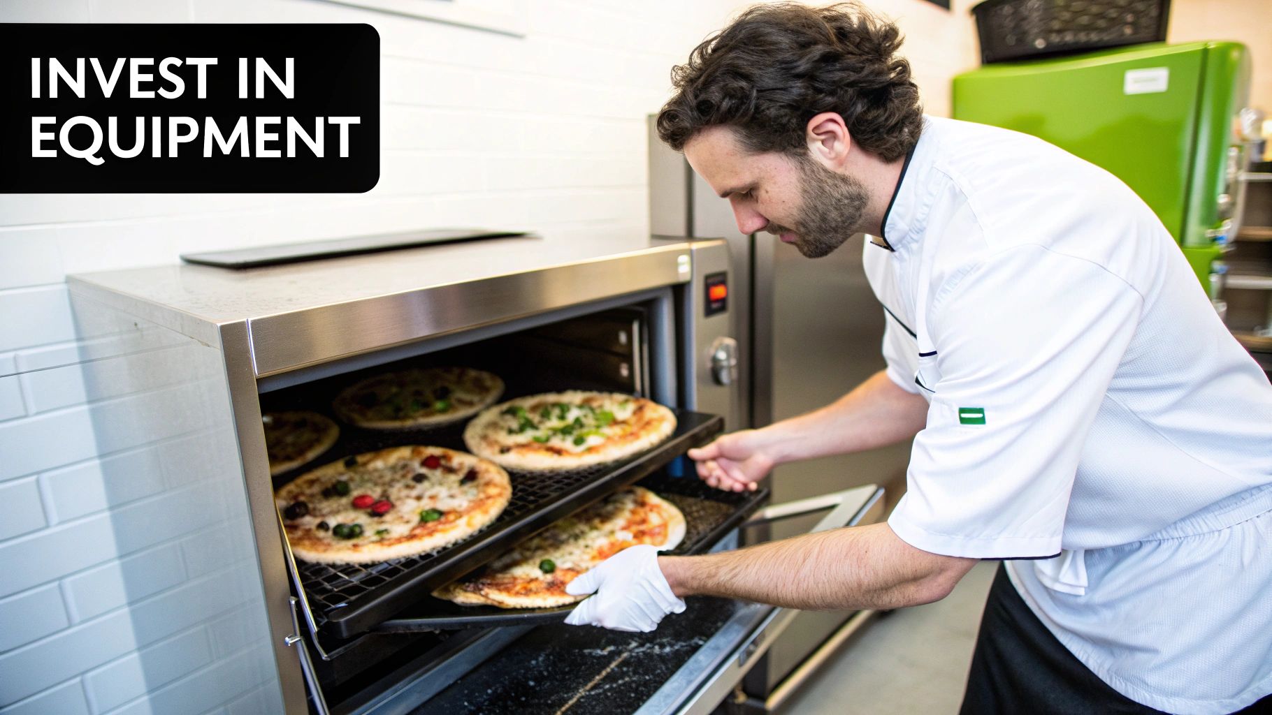 A chef in a white jacket putting multiple pizzas into a commercial stainless steel oven, emphasizing 'Invest in Equipment'.