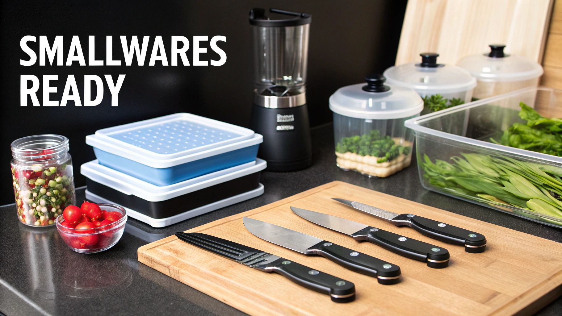 An assortment of professional kitchen utensils and smallwares neatly arranged on a stainless steel surface.
