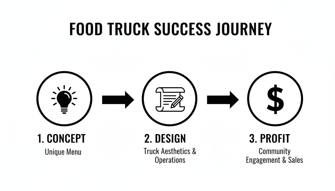 Food truck success journey infographic detailing concept, design, and profit steps for business growth.