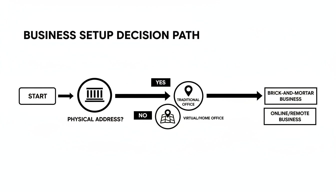 A flowchart illustrates the business setup decision path, distinguishing between physical and virtual offices.
