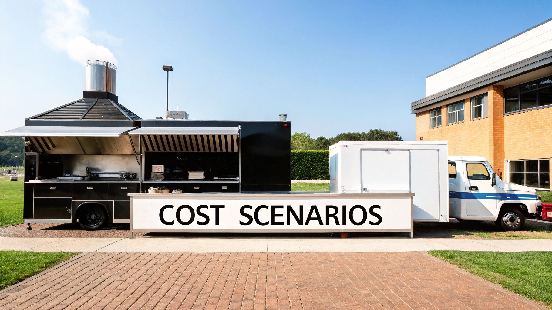 A black food truck with a smoking commercial kitchen hood and a "COST SCENARIOS" banner.