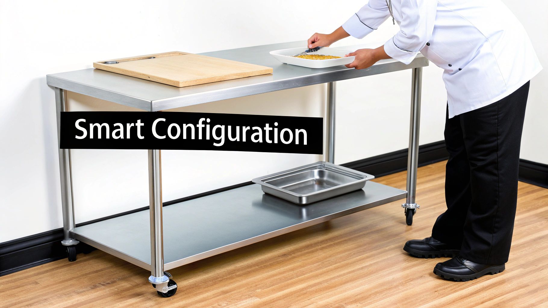 Chef placing food on a stainless steel kitchen prep table with two shelves and casters.