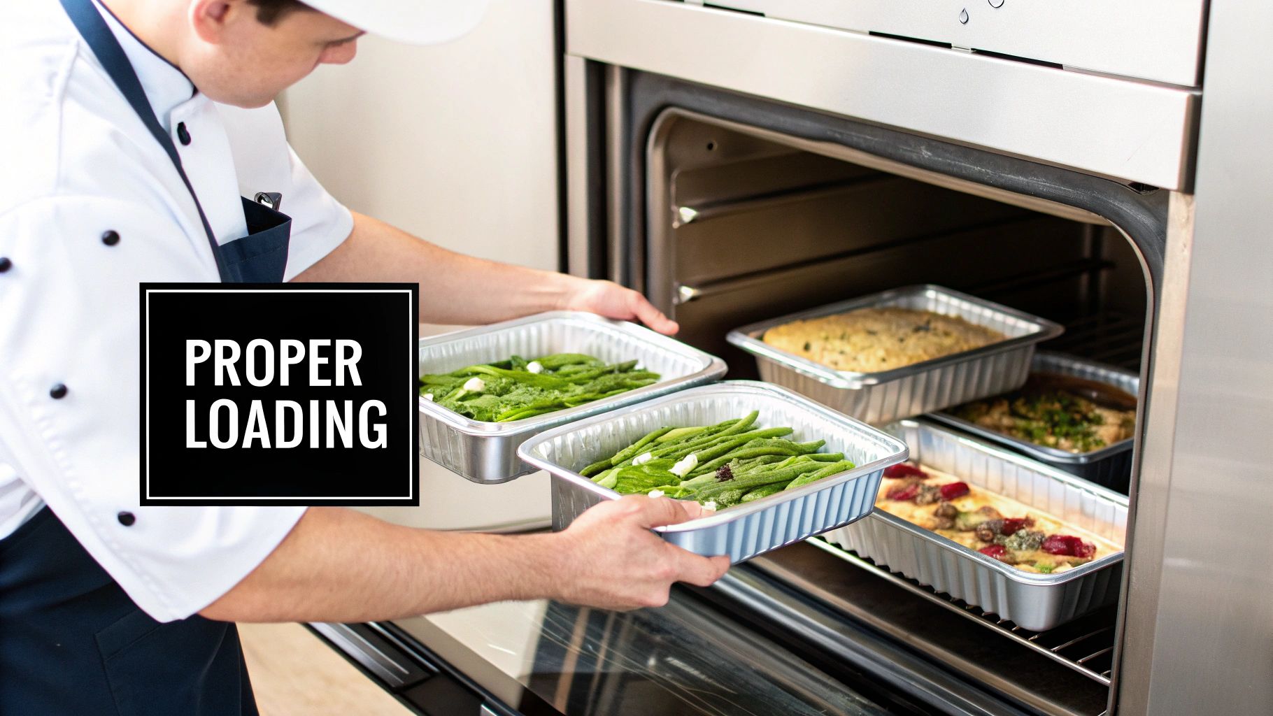 A chef in a white uniform properly loads multiple aluminum trays of prepared food into a commercial oven.