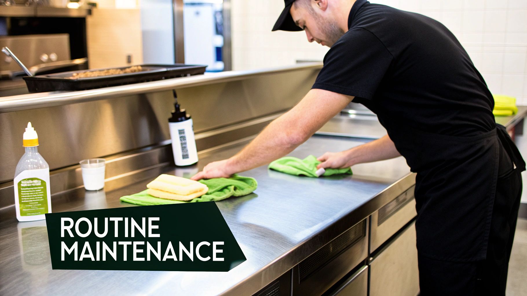 A worker in a black uniform performs routine maintenance, cleaning a stainless steel kitchen counter with green cloths.
