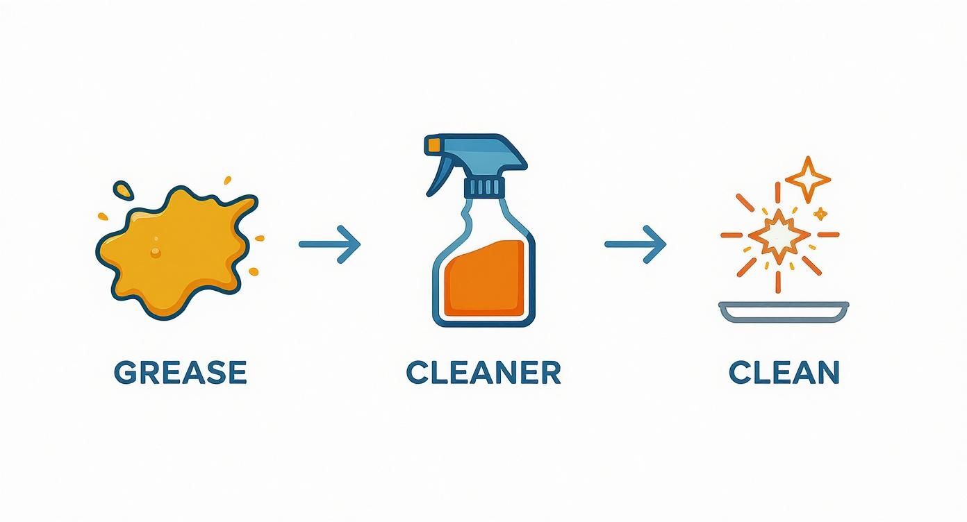 A visual guide showing a splat of grease transforming into a clean, sparkling surface using a cleaner spray bottle.