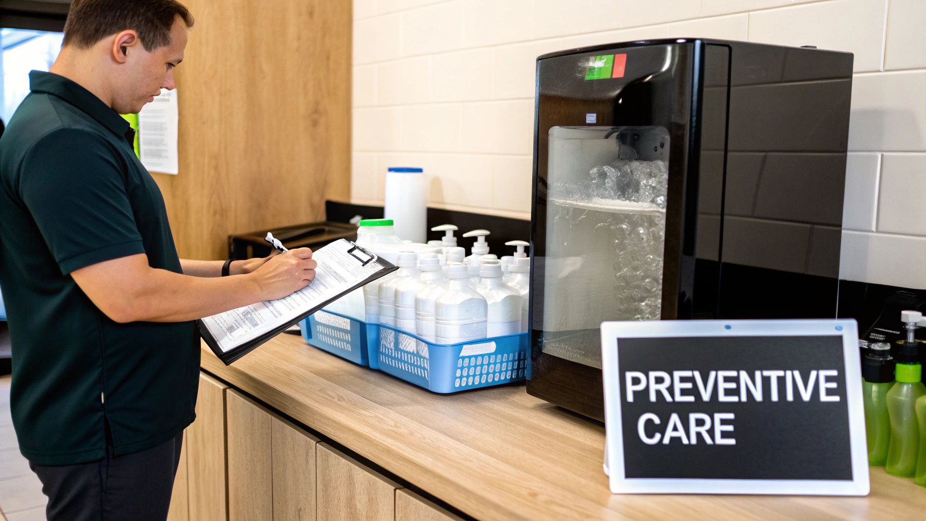 Man checking a clipboard next to an ice machine and cleaning supplies for preventive care.