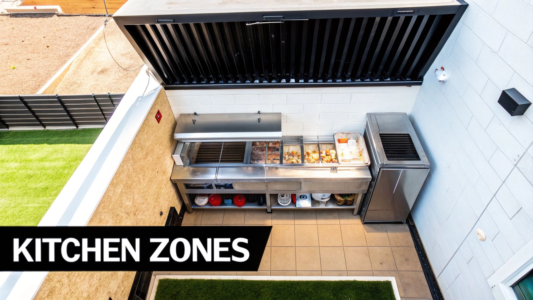 Overhead view of a small outdoor restaurant kitchen with stainless steel equipment and food.
