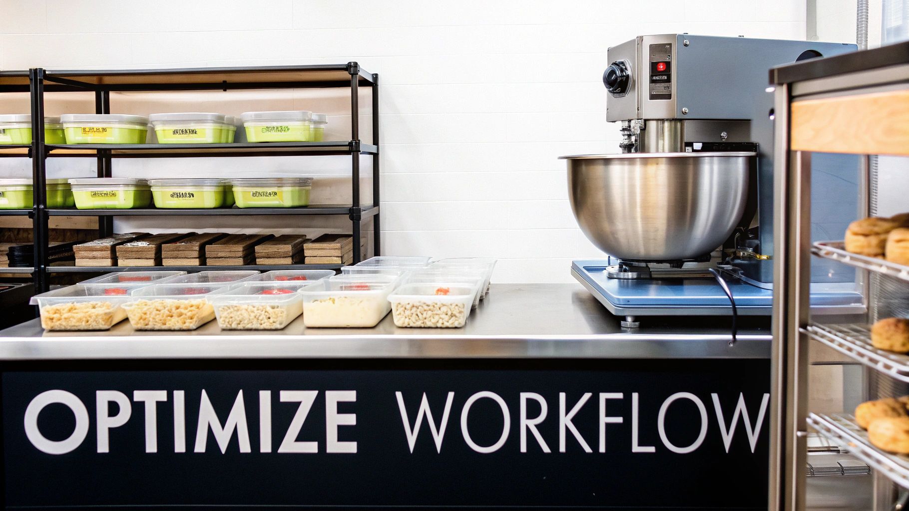 A commercial kitchen with food storage containers on shelves, a stand mixer, and 'OPTIMIZE WORKFLOW' text.