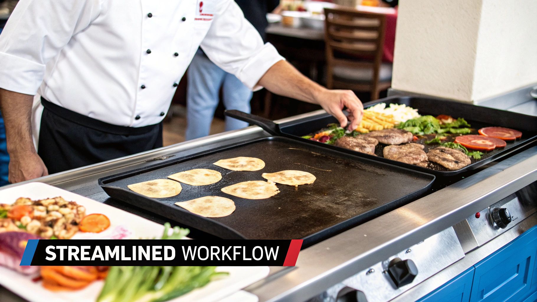 A chef expertly cooking multiple items on different temperature zones of a large commercial griddle.