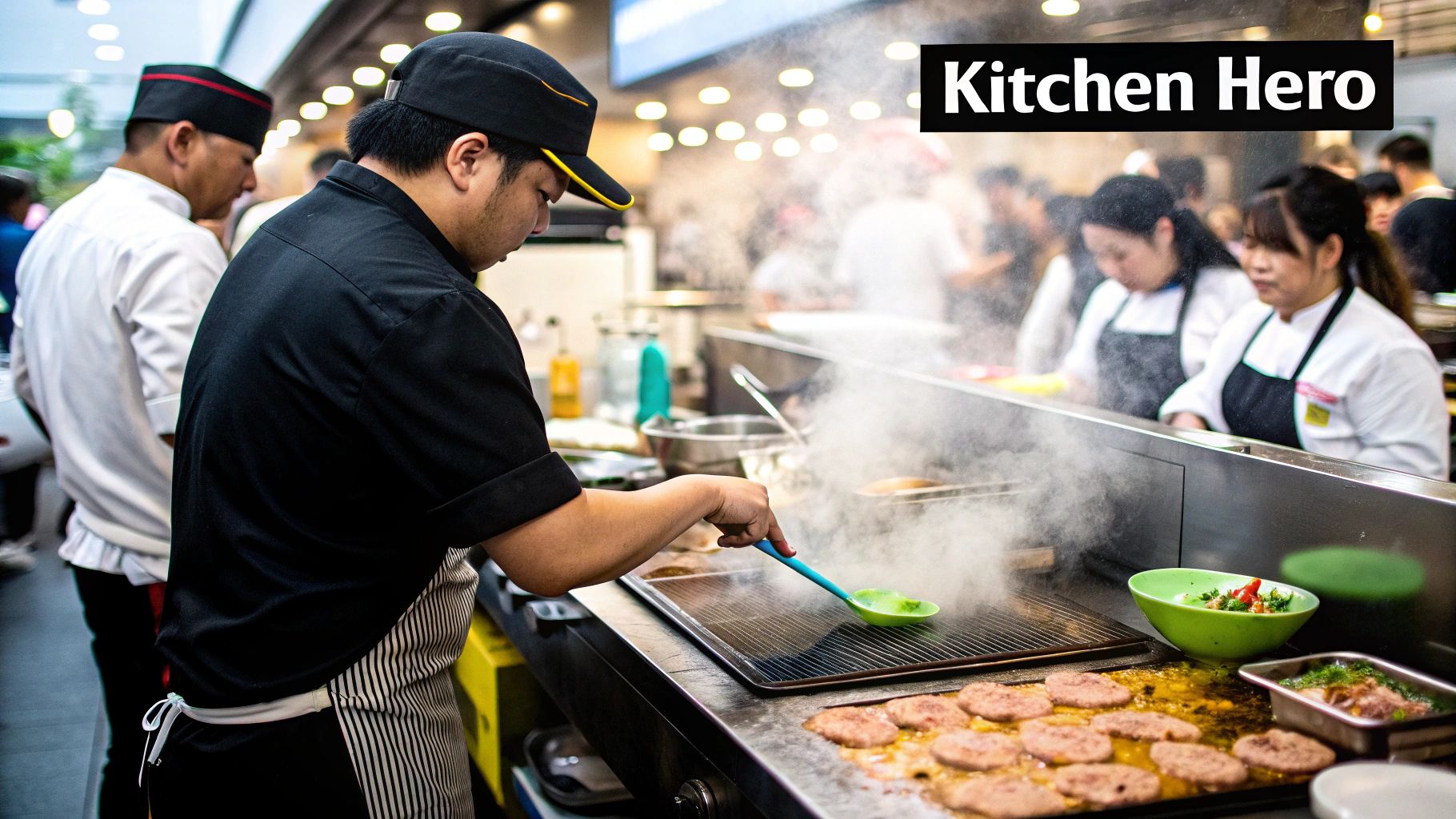 A chef using a large commercial griddle to cook burgers in a professional kitchen.