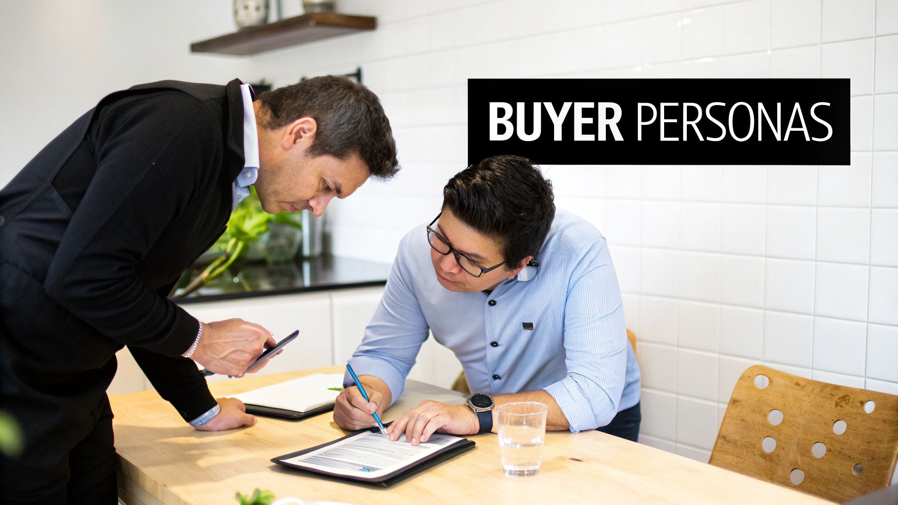 Two men discussing documents and a phone at a table, with "BUYER PERSONAS" text.