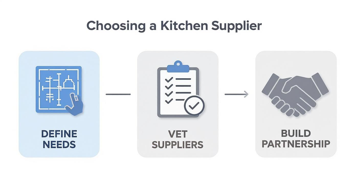 Flowchart illustrating three steps for choosing a kitchen supplier: define needs, vet suppliers, and build partnership.