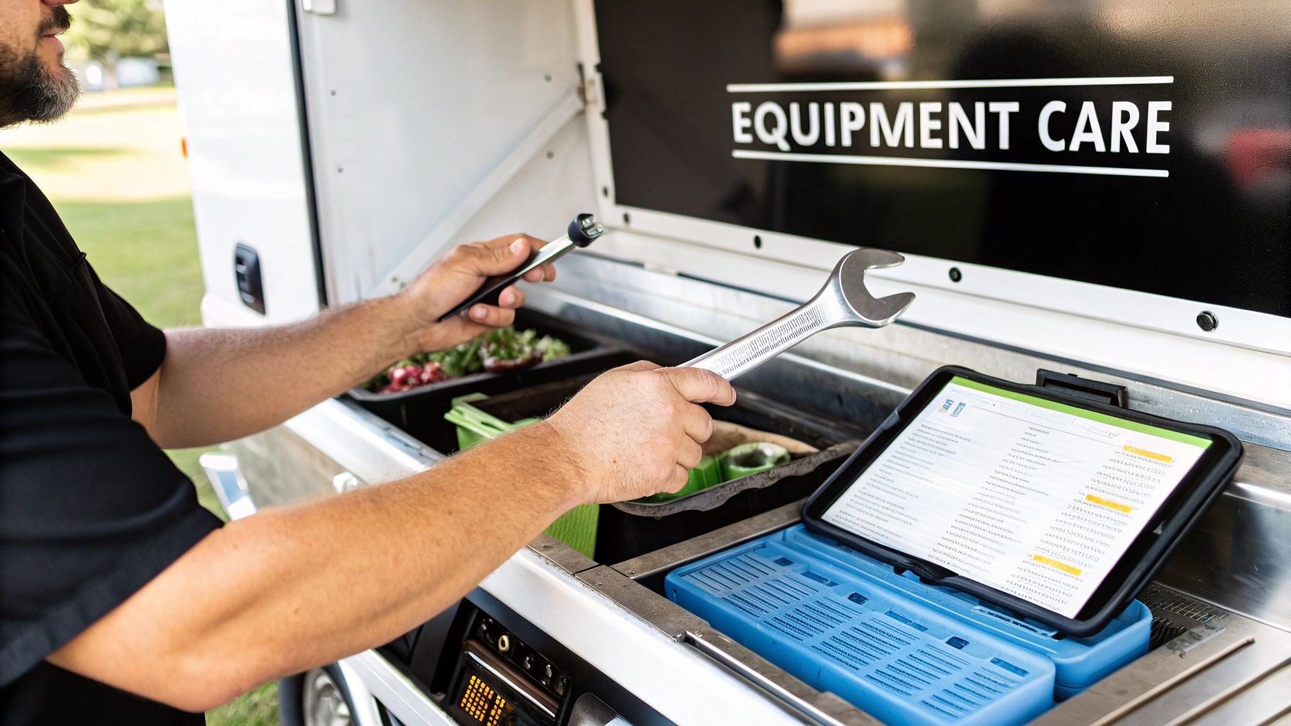 Technician's hands hold a wrench and other tools while working on a service truck next to a tablet showing a work order for equipment care.