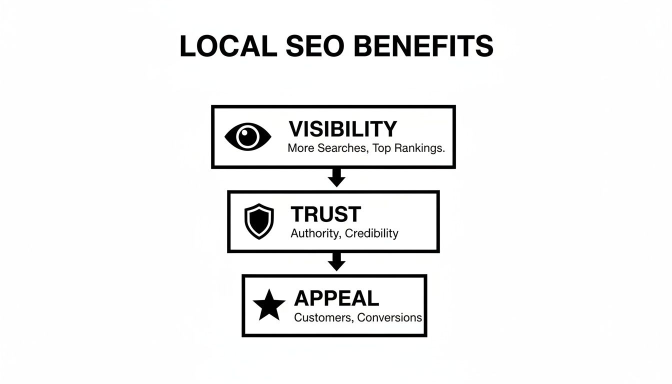 A flowchart illustrating the three key benefits of local SEO: visibility, trust, and appeal.