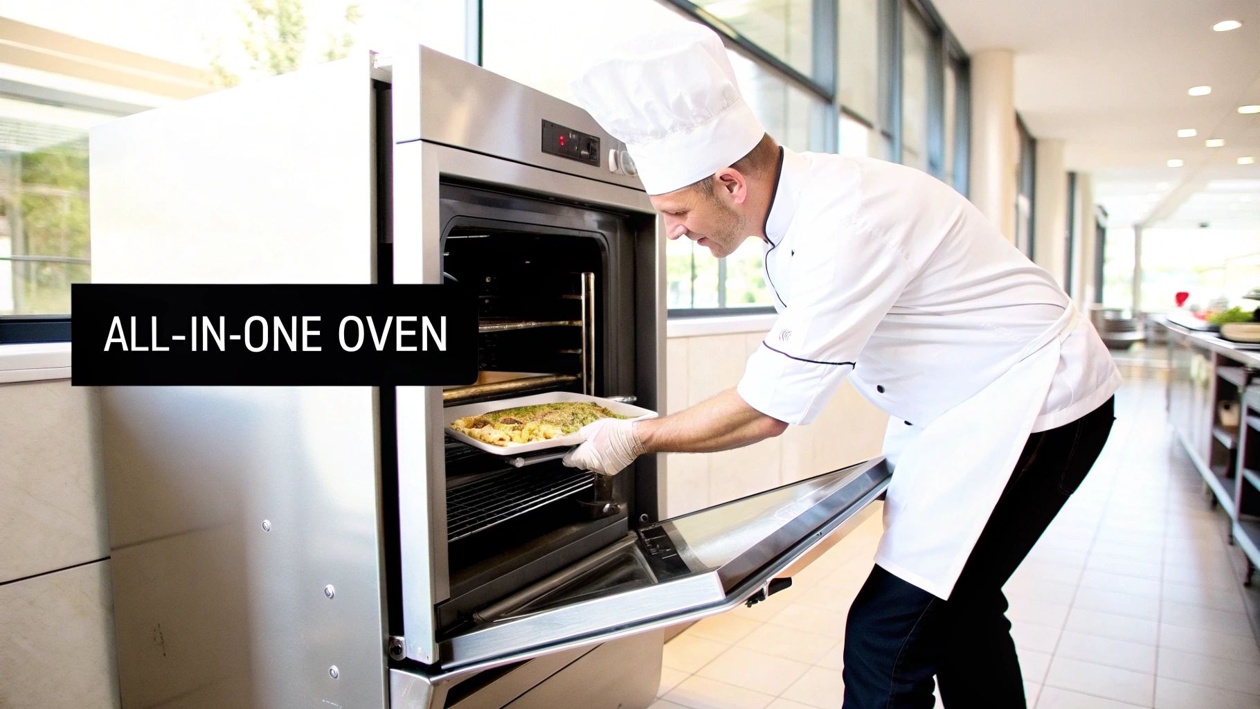 A modern stainless steel combi oven in a commercial kitchen setting, showing its sleek design and digital controls.