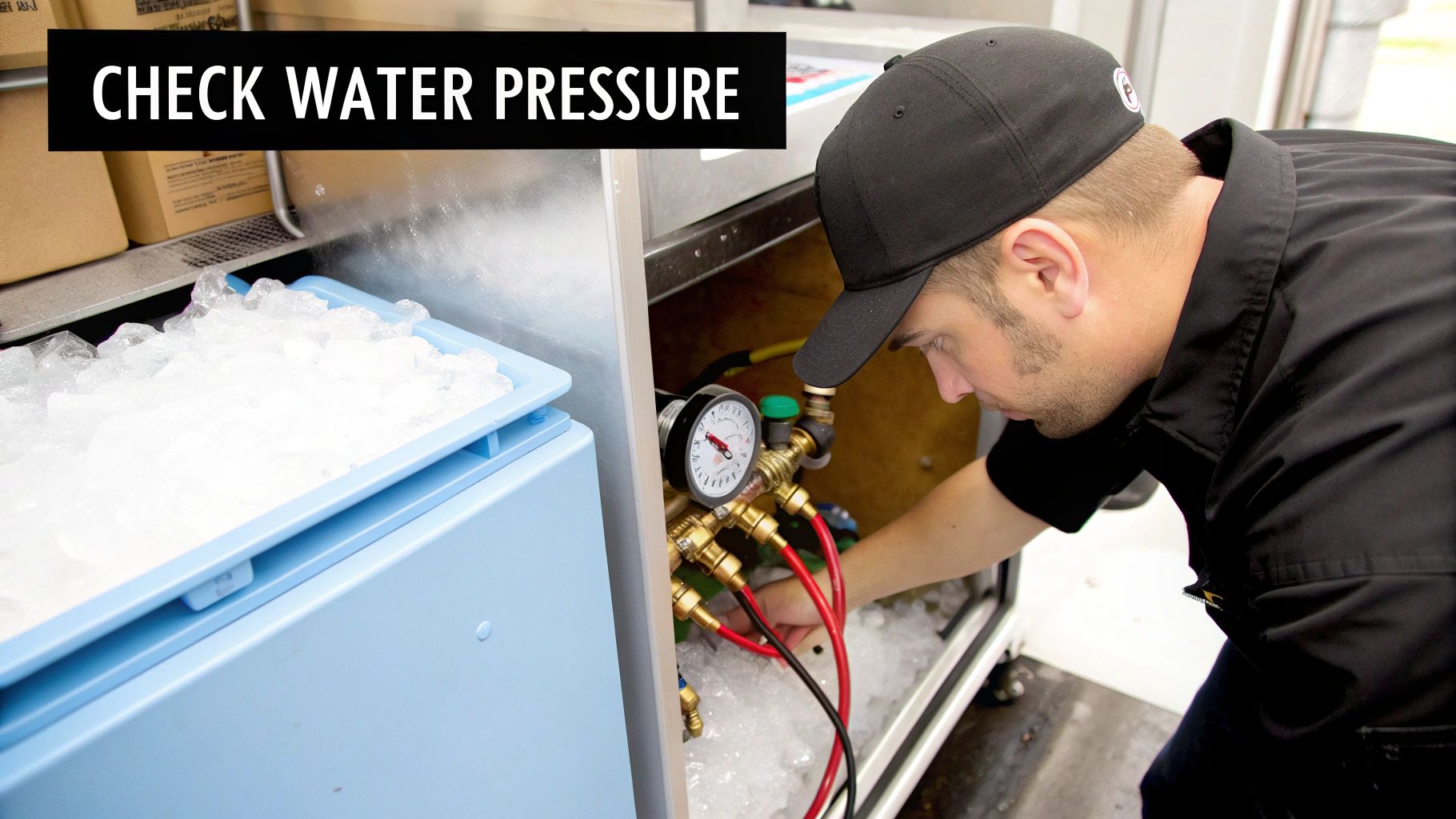 A man in a black cap checks the water pressure gauge of an ice machine, next to a bin of ice.