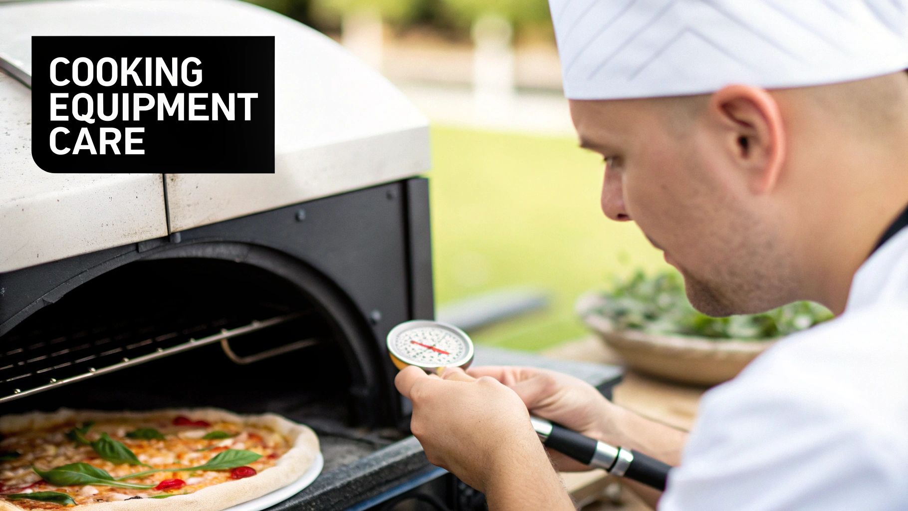 A chef uses a thermometer to check the temperature of a pizza oven, emphasizing cooking equipment care.