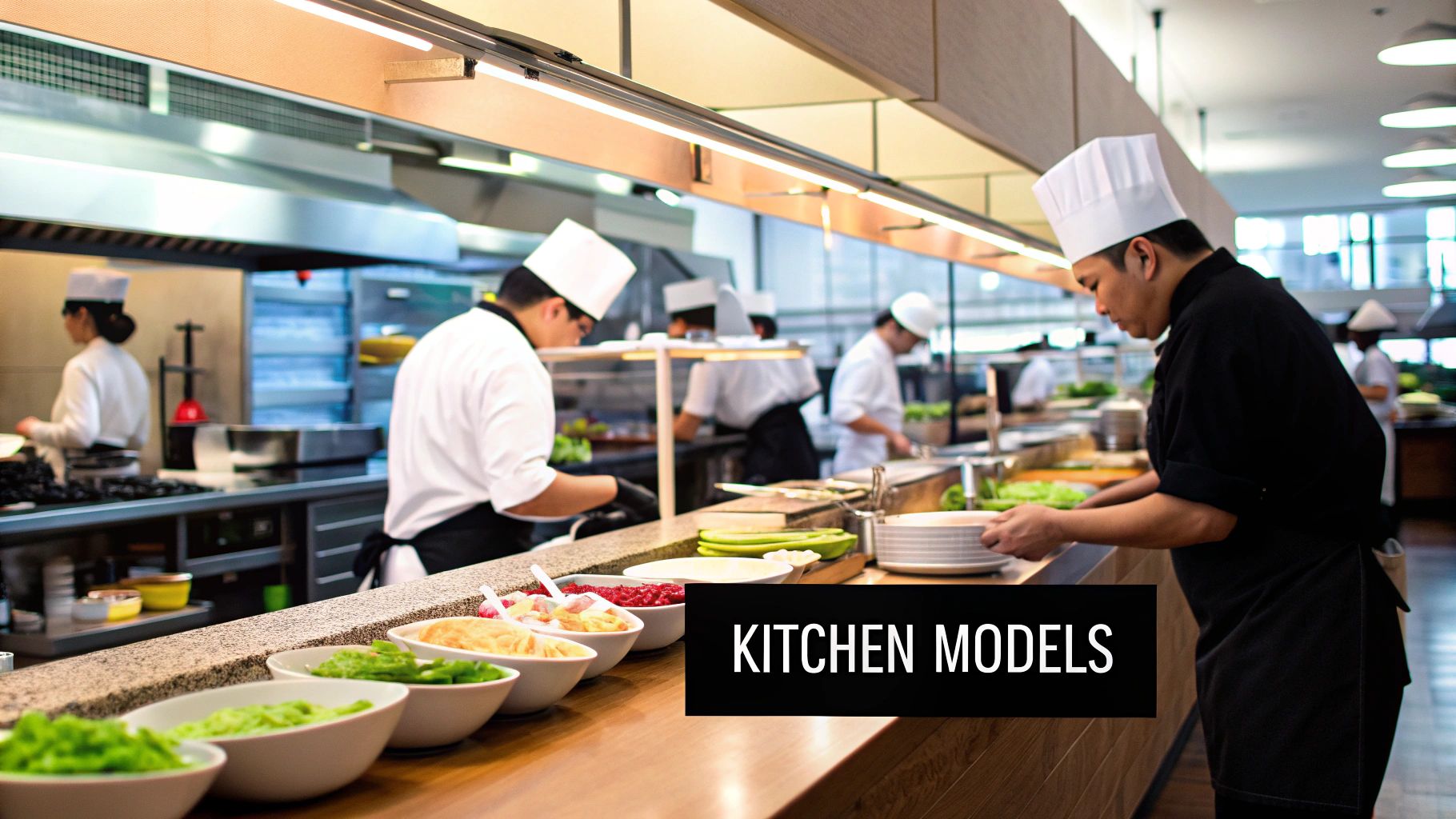 Several chefs working in separate stainless steel kitchen pods within a large warehouse