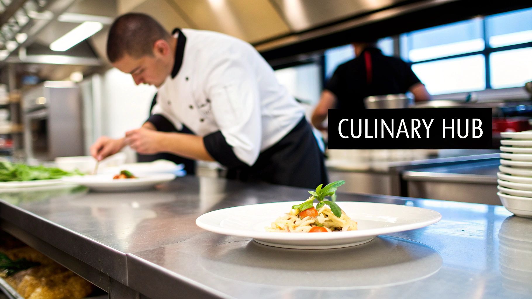 A chef meticulously plates a dish on a stainless steel counter in a professional kitchen.