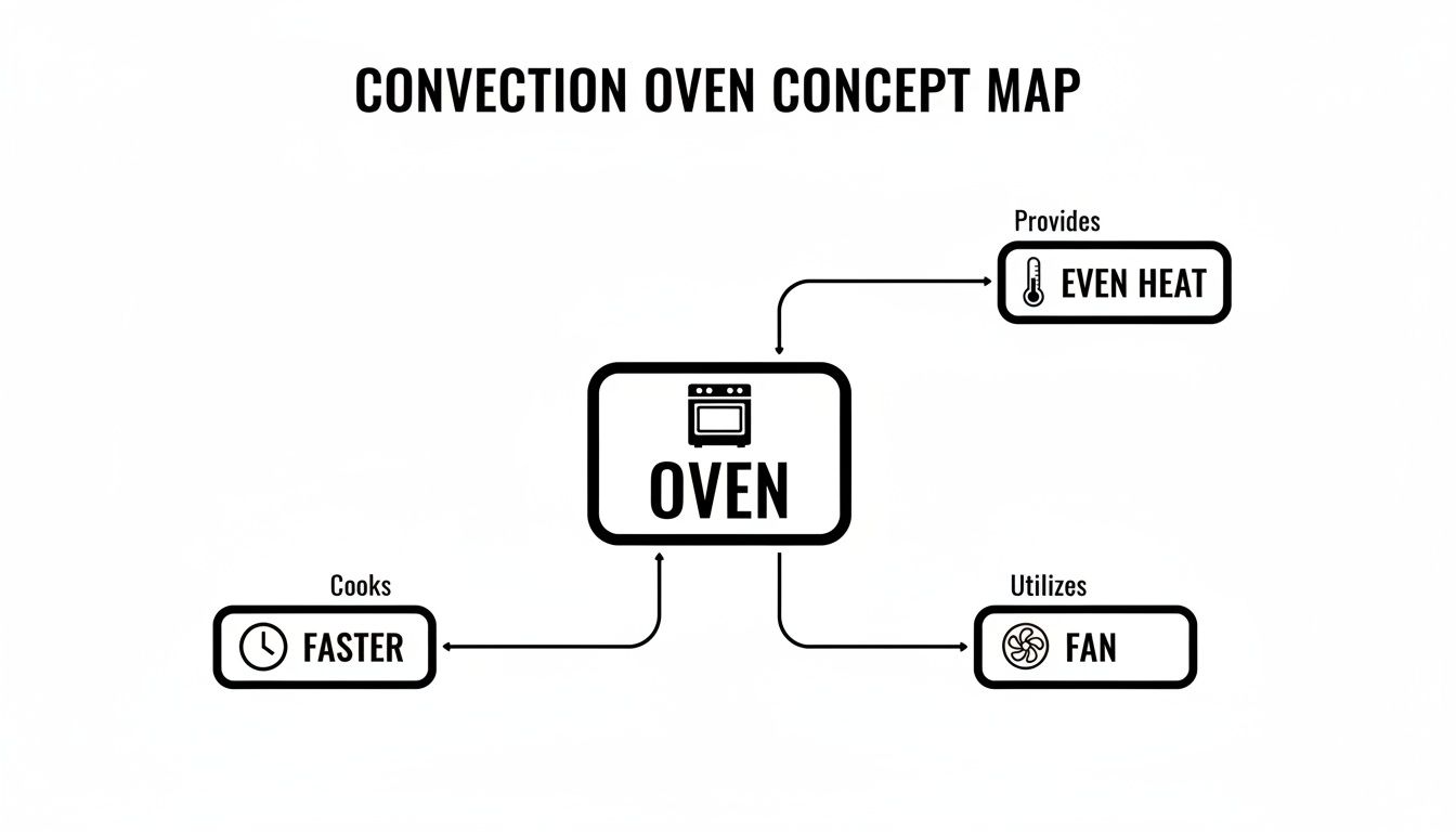 A concept map showing a convection oven, which provides even heat, cooks faster, and utilizes a fan.