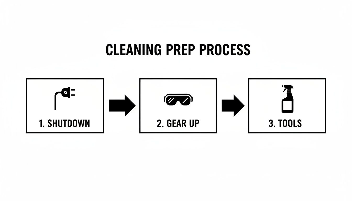 Diagram illustrating the three-step cleaning prep process: shutdown, gear up with goggles, and gather cleaning tools.