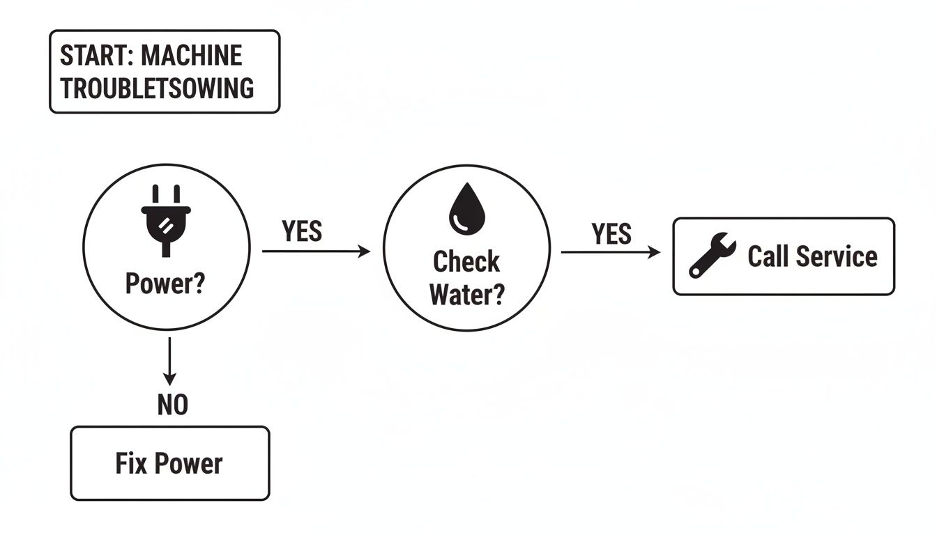 A machine troubleshooting flowchart showing steps: START, Power? (Yes/No), Check Water? (Yes), Fix Power, and Call Service.