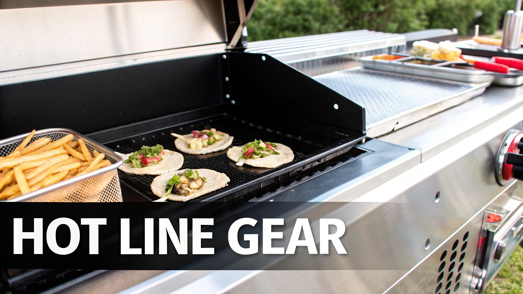 Delicious food cooking on a stainless steel commercial grill, including tacos, crispy french fries, and fresh ingredients.