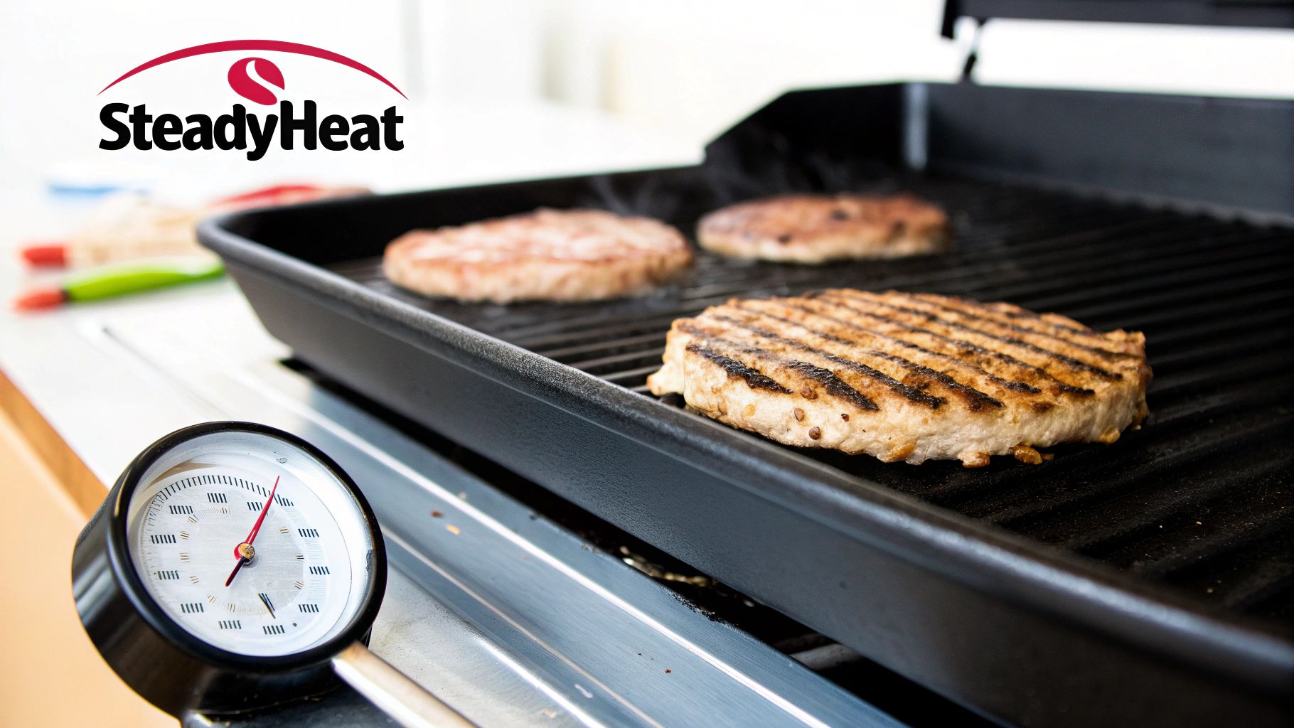 Close-up of burger patties cooking on a black SteadyHeat grill with a temperature gauge.