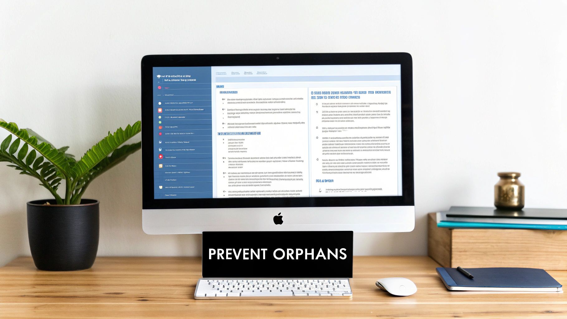 Modern desk setup with an Apple desktop displaying a webpage and a 'PREVENT ORPHANS' sign.