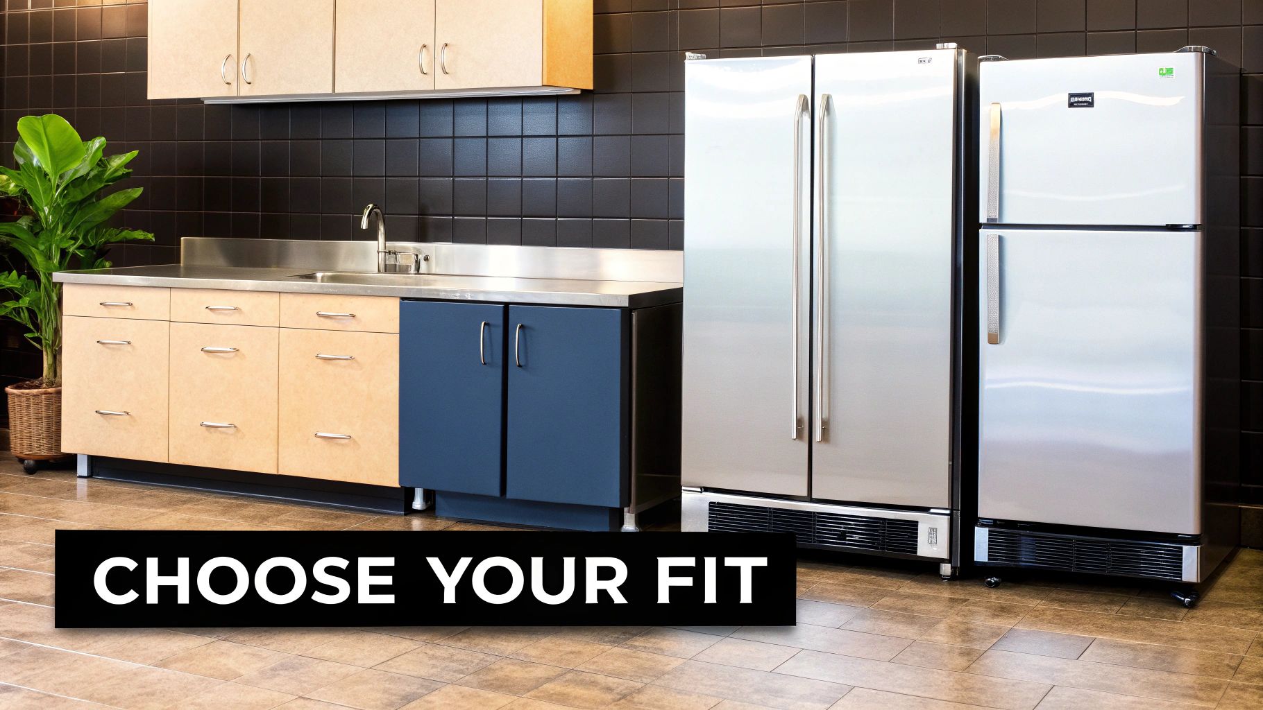 A variety of undercounter freezer refrigerator combo units with different door and drawer configurations.