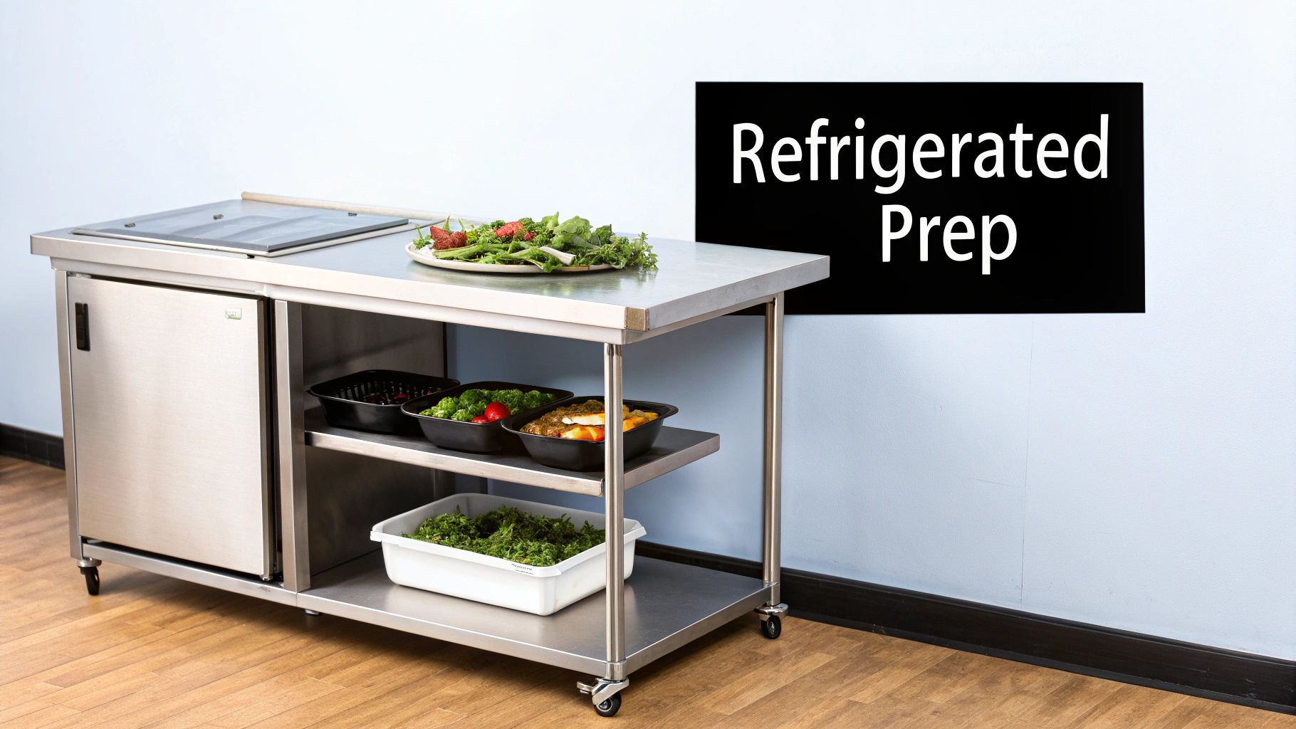 Stainless steel refrigerated prep table with fresh food, including an under-counter fridge and storage shelves.