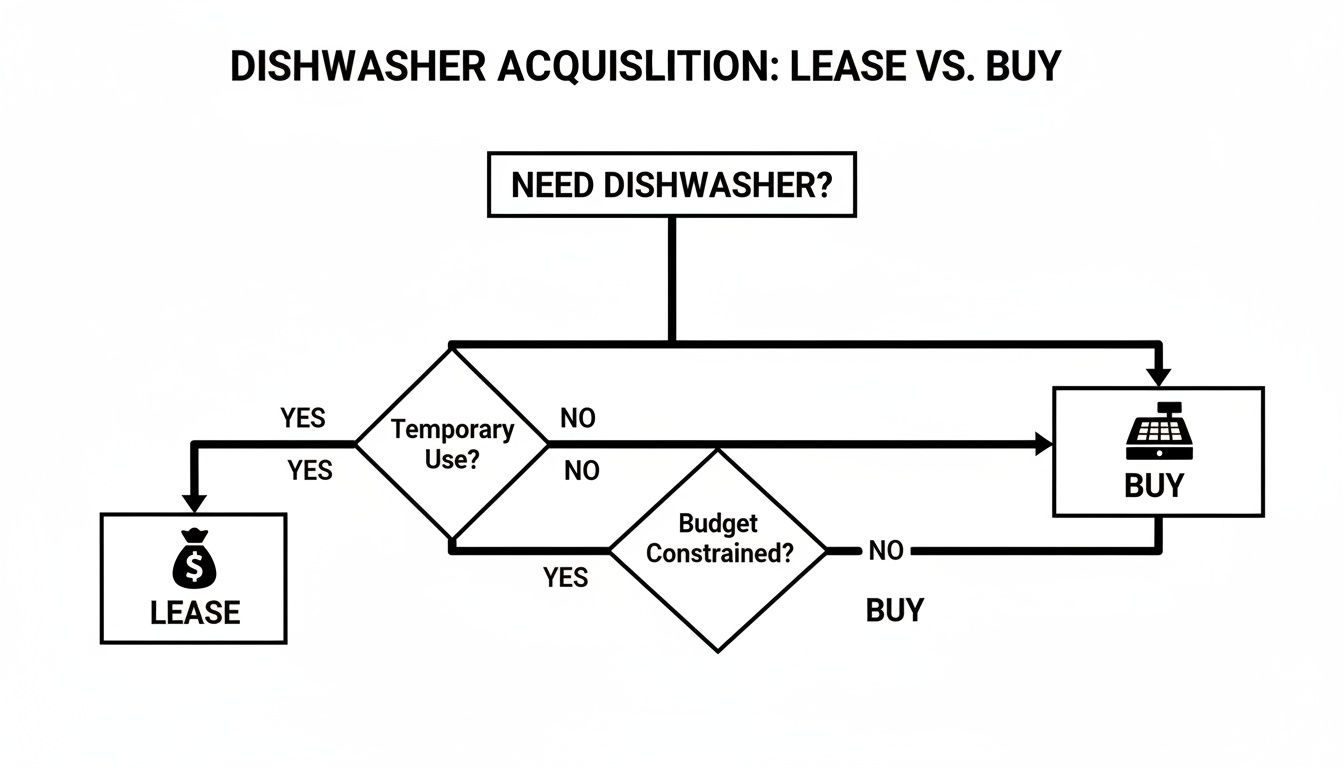 Flowchart detailing dishwasher acquisition choices: lease vs. buy, considering need, temporary use, and budget.