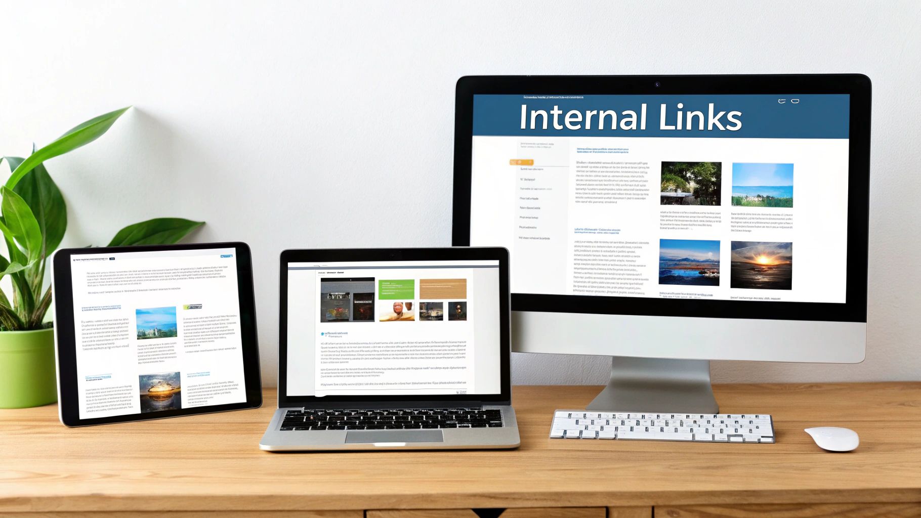Multiple devices displaying internal links website structure on desktop monitor, laptop and tablet screens