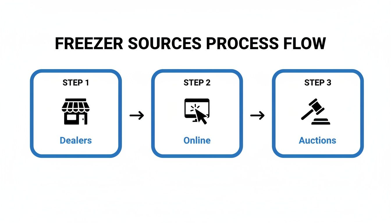 A three-step process flow for sourcing freezers from dealers, online, and auctions.