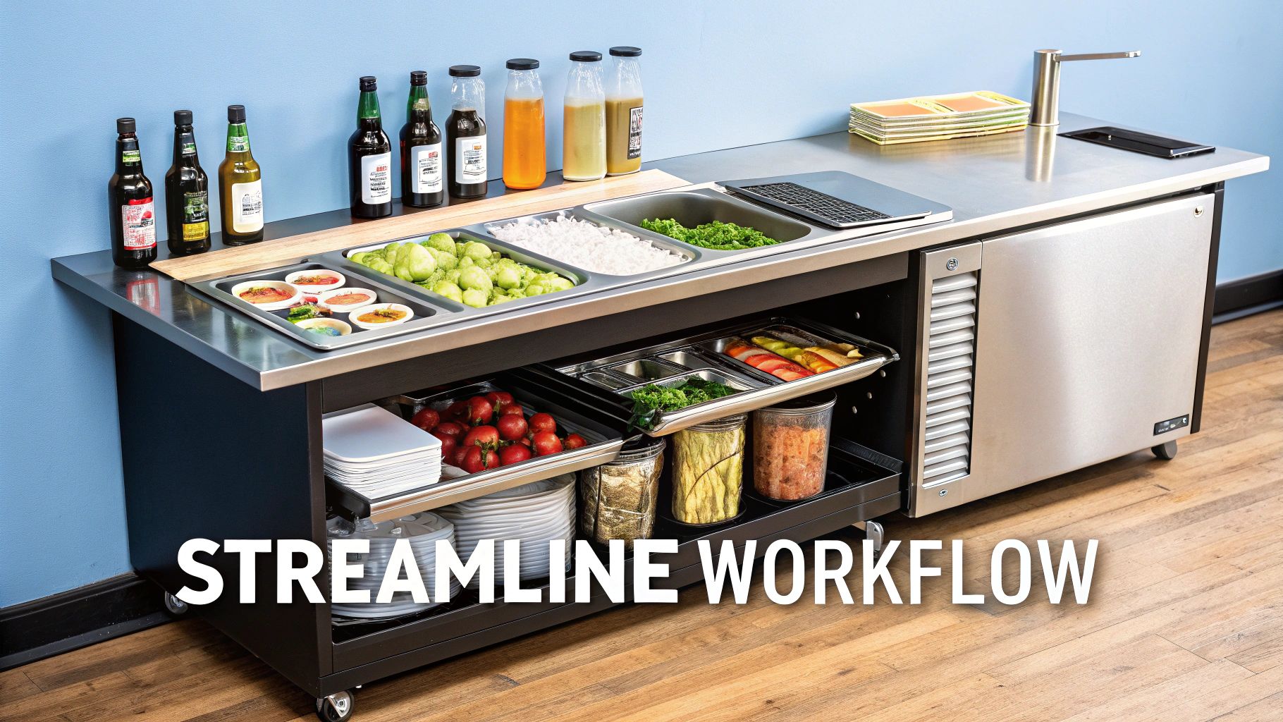 A commercial kitchen prep station with fresh food ingredients, assorted bottles, and a stainless steel back bar cooler.