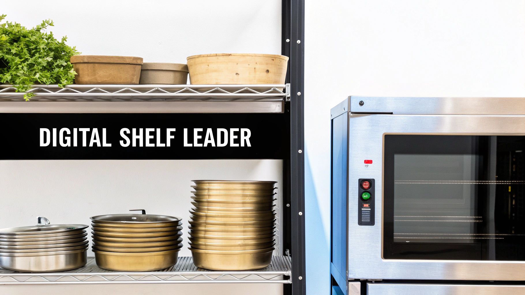 Commercial kitchen shelving with plants, stacked pans, and a 'DIGITAL SHELF LEADER' sign.