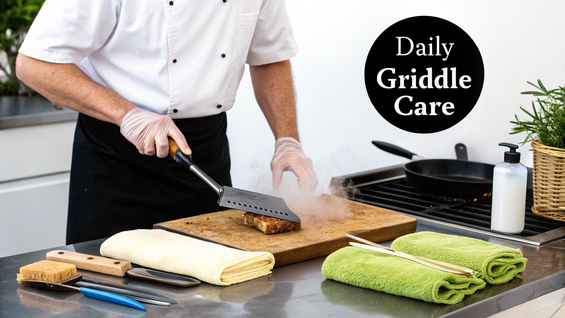 A chef in gloves cleans a steaming griddle with a scraper, surrounded by cleaning tools.